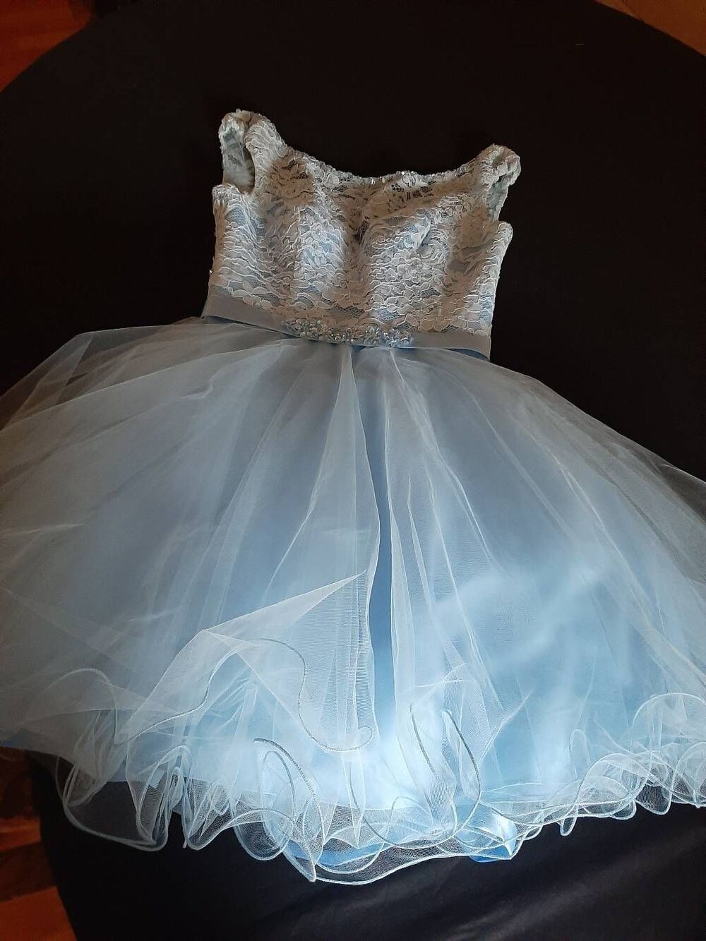 Size 4 Morilee Madeline Gardner Blue Lace Rhinestone Sequin Formal Prom Dress